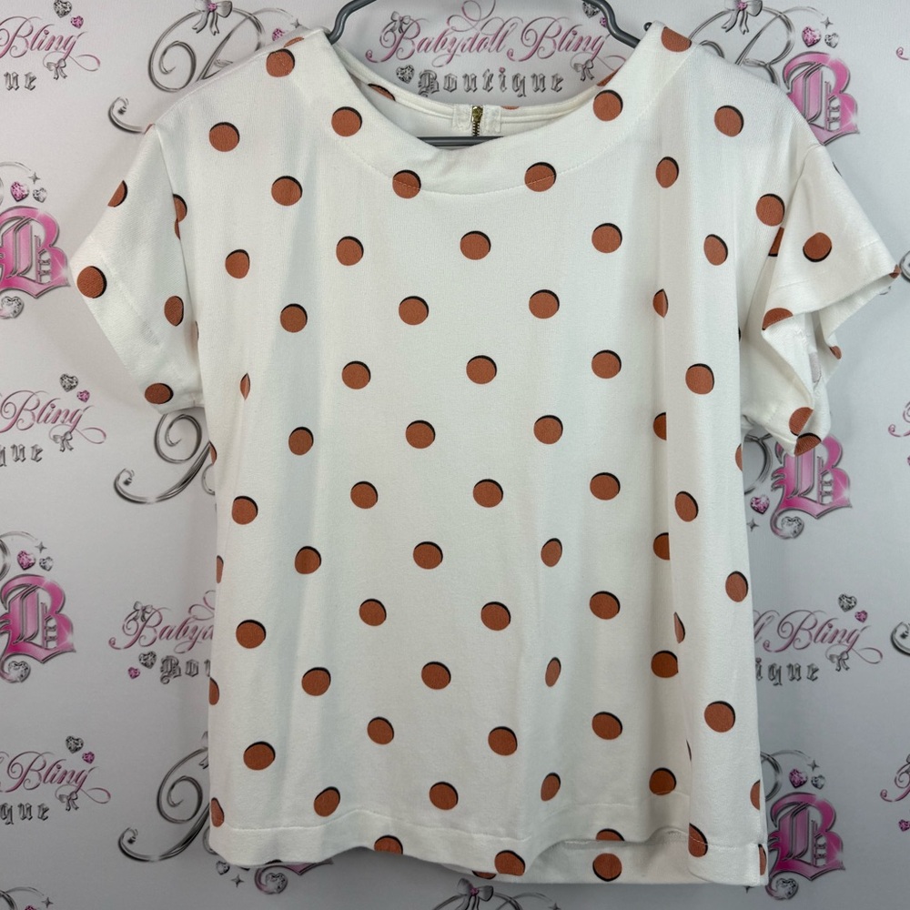 West moon tshirt dotted zip up back white Stylish Polka Dot Short Sleeve Top